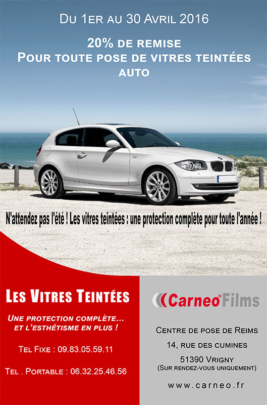Promotion pour vitres teintées voiture à Reims (51) avant Mai 2016